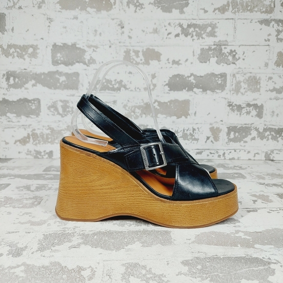 NEW Lucky Brand Delaynee Black Leather Slingback Open Toe Platform Sandals E447 - Picture 6 of 13